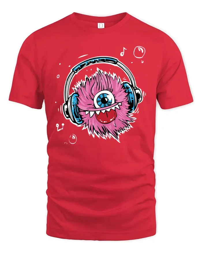 Fuzzy Beats Graphic Tee, Monster Listening Music Tshirt - red t-shirt on white background