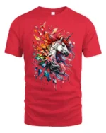 Rainbow Unicorn Splash Tee, Magical Horse Graphic T-Shirt - red t-shirt on white background