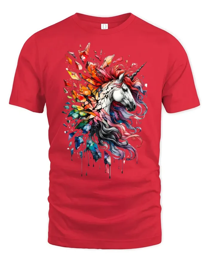 Rainbow Unicorn Splash Tee, Magical Horse Graphic T-Shirt - red t-shirt on white background