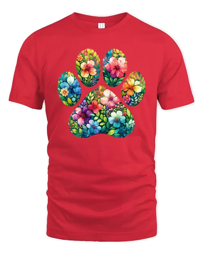 Floral Paw Print Tee,  Cute Pet Lover Graphic T-Shirt - red t-shirt on white background