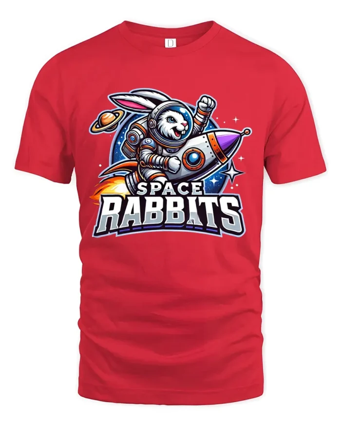 Space Rabbit Rocket Tee - Funny Astronaut Bunny T-Shirt - red t-shirt on white background