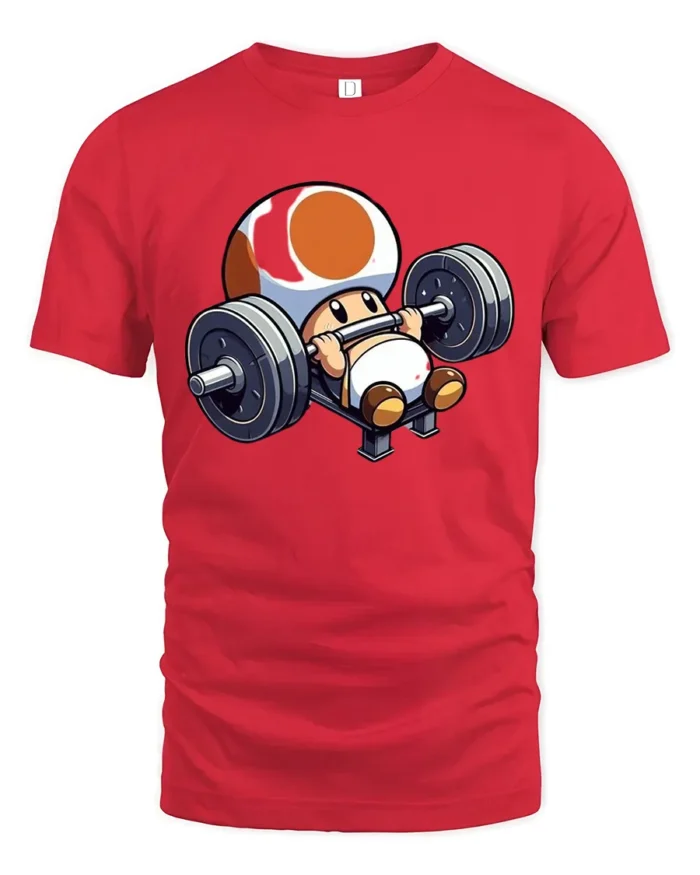 Mushroom Gym Tee - Cute Gaming Fitness T-Shirt Gift - red t-shirt on white background