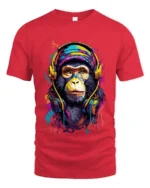 Cool Monkey Headphones Tee - Colorful Music Lover T-Shirt - red t-shirt on white background