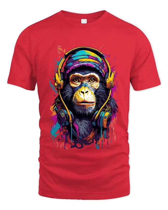 Cool Monkey Headphones Tee - Colorful Music Lover T-Shirt - red t-shirt on white background