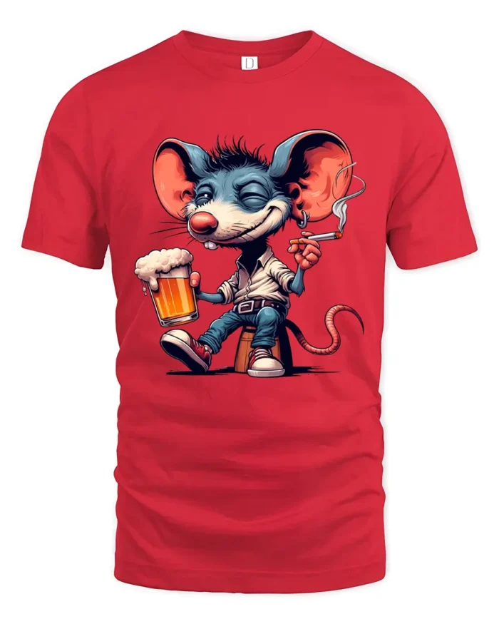 Funny Party Mouse Tee - Happy Mouse Beer and Cigarette T-Shirt - red t-shirt on white background