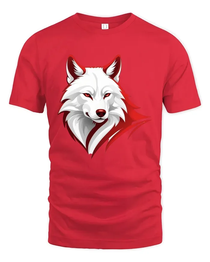 White Wolf Face Tee - Red Border Graphic Animal T-Shirt - red t-shirt on white background