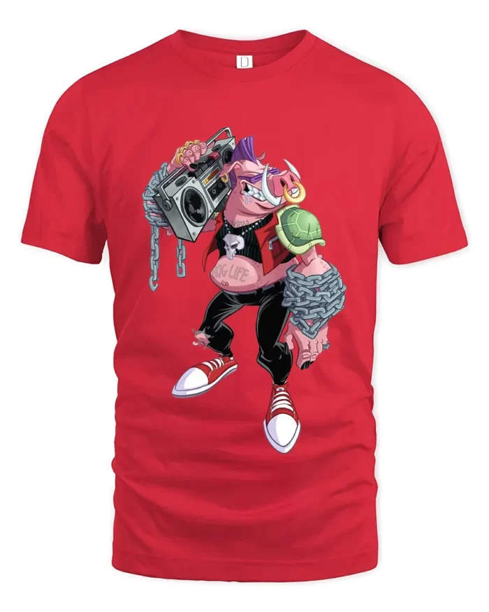 Mutant Rocker T-Shirt - Cool Cartoon Pig Turtle Tee - red t-shirt on white background