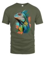Jungle Reptile Art Tee, Unique Iguana Design T-Shirt - military green t-shirt on white background