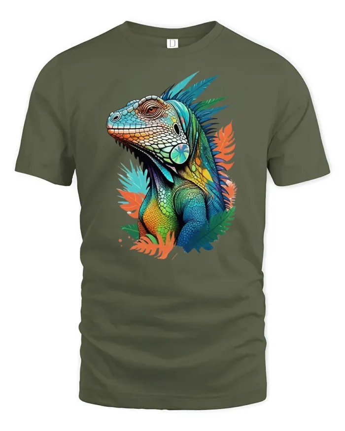 Jungle Reptile Art Tee, Unique Iguana Design T-Shirt - military green t-shirt on white background