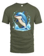 Happy Dolphin Splash Tee, Joyful Ocean T-Shirt for You - military green t-shirt on white background