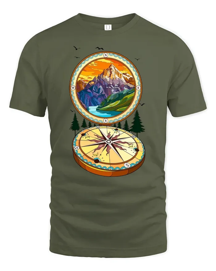 Wanderlust Compass T-Shirt, Soft Mountain Graphic Tee - military green t-shirt on white background
