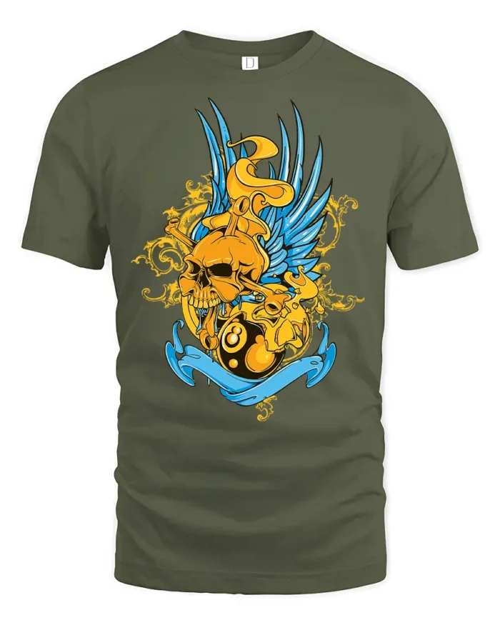 Lucky 8 Ball Skull Tee, Edgy Graphic T-Shirt Gift - military green t-shirt on white background