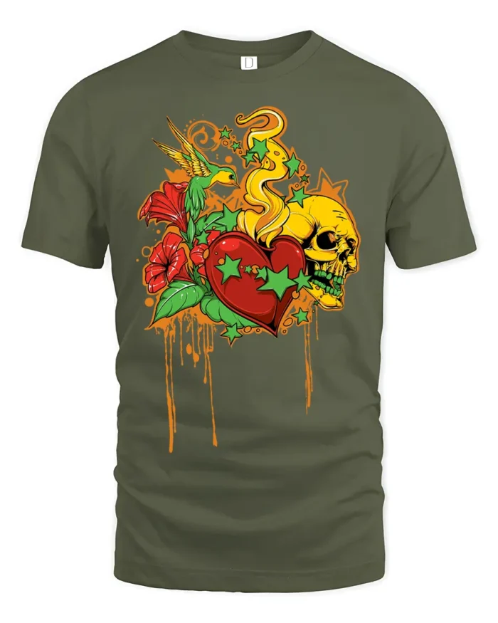 Melting Heart Skull T-Shirt, Cool Graphic Tee Now - military green t-shirt on white background