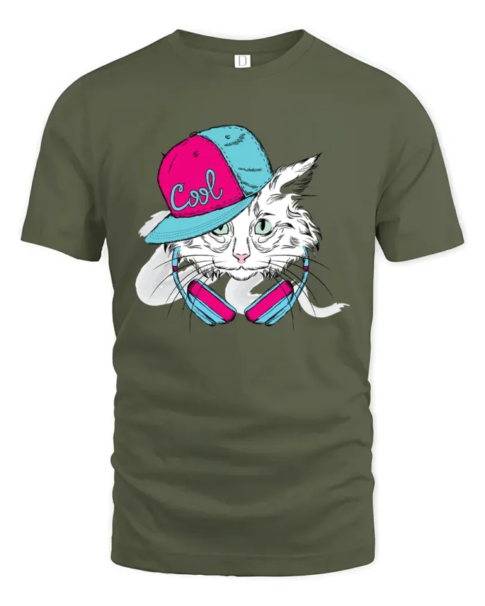 Cool Cat Vibes Tee, Hip Hop Kitten Graphic T-Shirt - military green t-shirt on white background