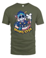 Snake Eyes Skull Tee, Edgy Graphic T-Shirt Design Now - military green t-shirt on white background