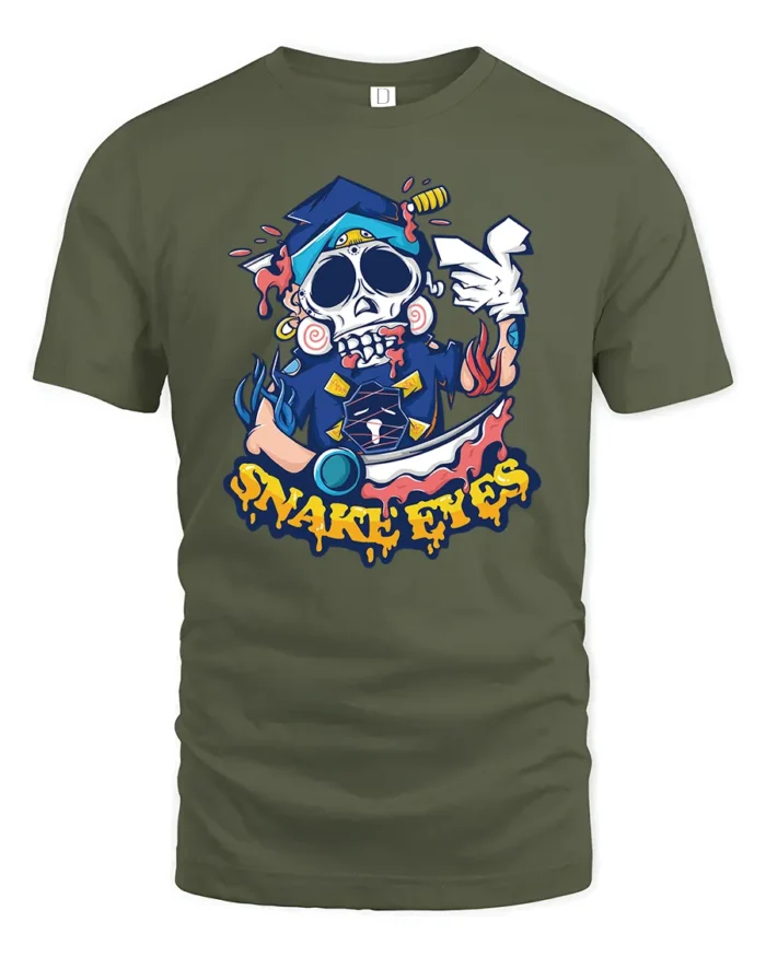 Snake Eyes Skull Tee, Edgy Graphic T-Shirt Design Now - military green t-shirt on white background