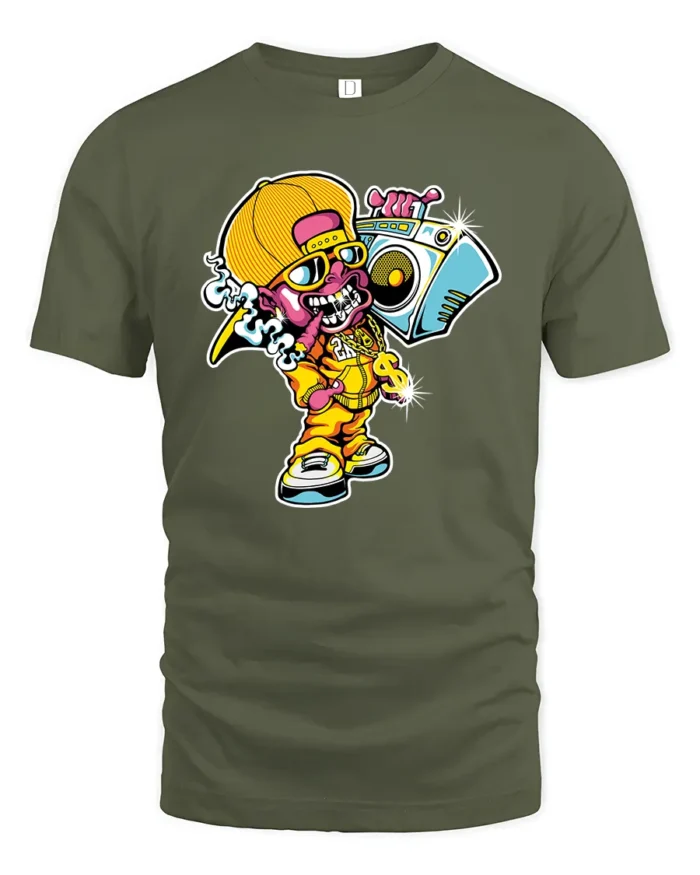 Boombox Kid Urban Tee, Retro Hip Hop Graphic T-Shirt - military green t-shirt on white background