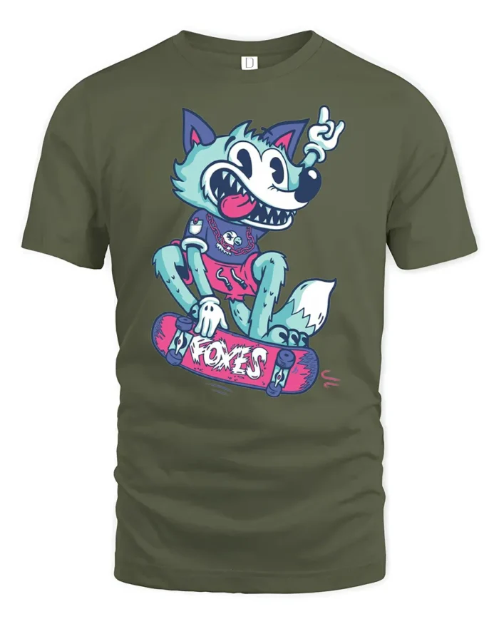 Skateboarding Fox Tee, Cool Cartoon Animal T-Shirt - military green t-shirt on white background