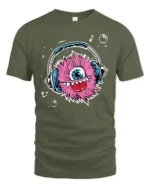 Fuzzy Beats Graphic Tee, Monster Listening Music Tshirt - military green t-shirt on white background
