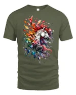 Rainbow Unicorn Splash Tee, Magical Horse Graphic T-Shirt - military green t-shirt on white background