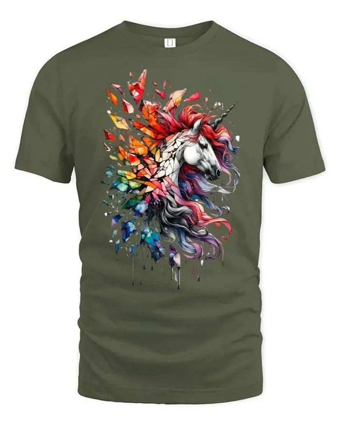 Rainbow Unicorn Splash Tee, Magical Horse Graphic T-Shirt - military green t-shirt on white background