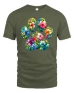 Floral Paw Print Tee, Cute Pet Lover Graphic T-Shirt - military green t-shirt on white background