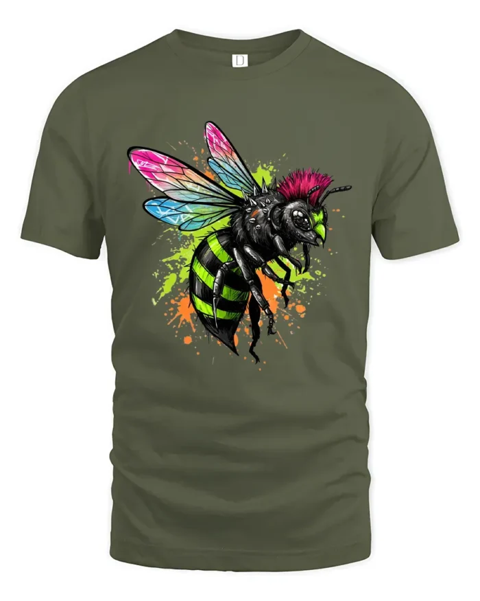 Punk Rock Bee Tee - Edgy Insect Graphic T-Shirt for You - military green t-shirt on white background