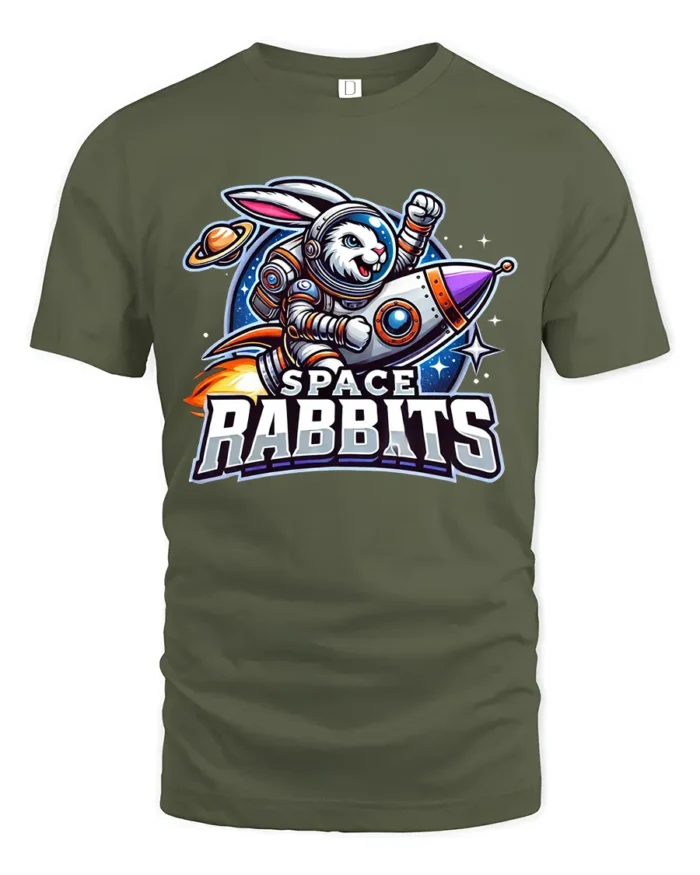 Space Rabbit Rocket Tee - Funny Astronaut Bunny T-Shirt - military green t-shirt on white background