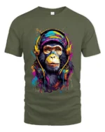 Cool Monkey Headphones Tee - Colorful Music Lover T-Shirt - military green t-shirt on white background