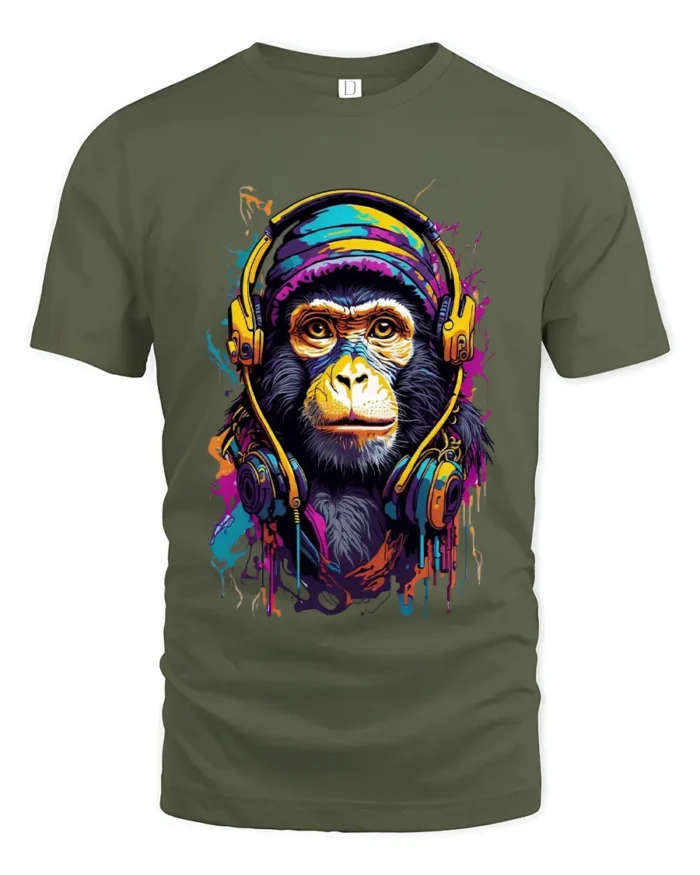 Cool Monkey Headphones Tee - Colorful Music Lover T-Shirt - military green t-shirt on white background