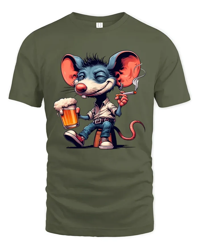 Funny Party Mouse Tee - Happy Mouse Beer and Cigarette T-Shirt - military green t-shirt on white background