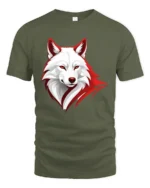 White Wolf Face Tee - Red Border Graphic Animal T-Shirt - military green t-shirt on white background