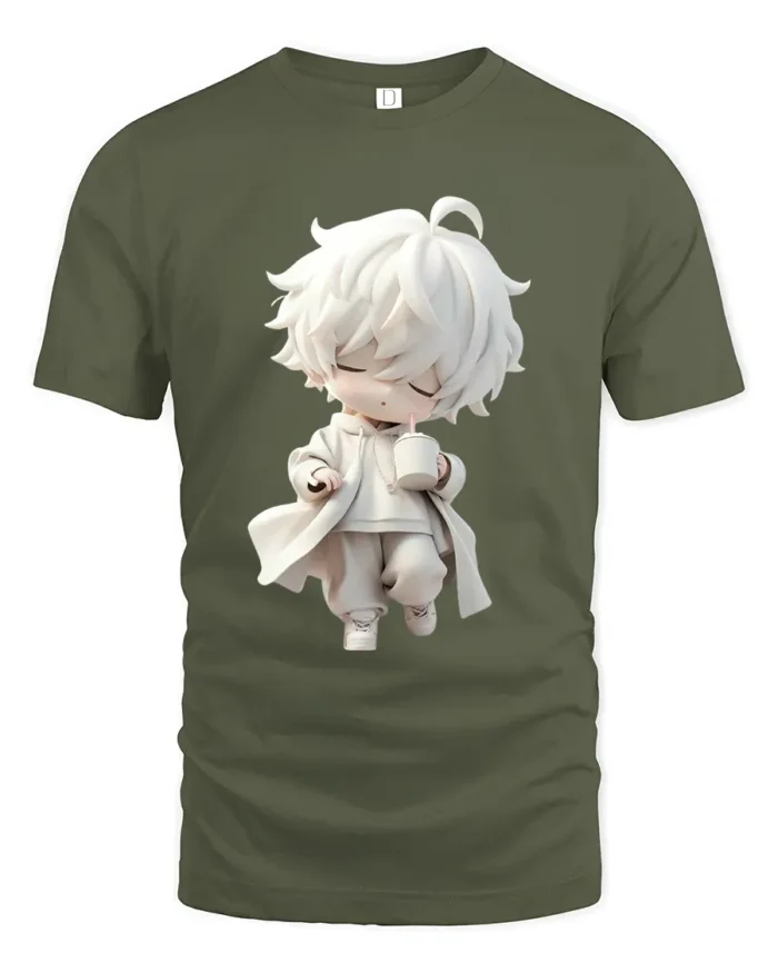 Cute Sipping Tee - Cartoon Character Drink Graphic T-Shirt - military green t-shirt on white background