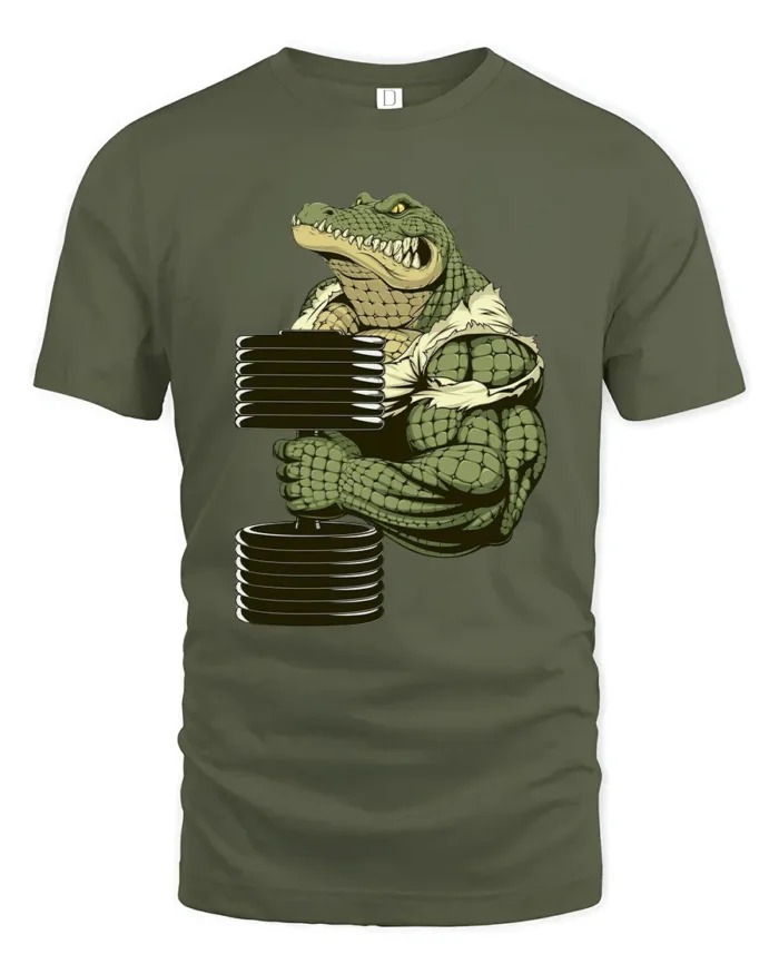 Strong Croc Lift Tee - Funny Gator Gym Workout T-Shirt - military green t-shirt on white background