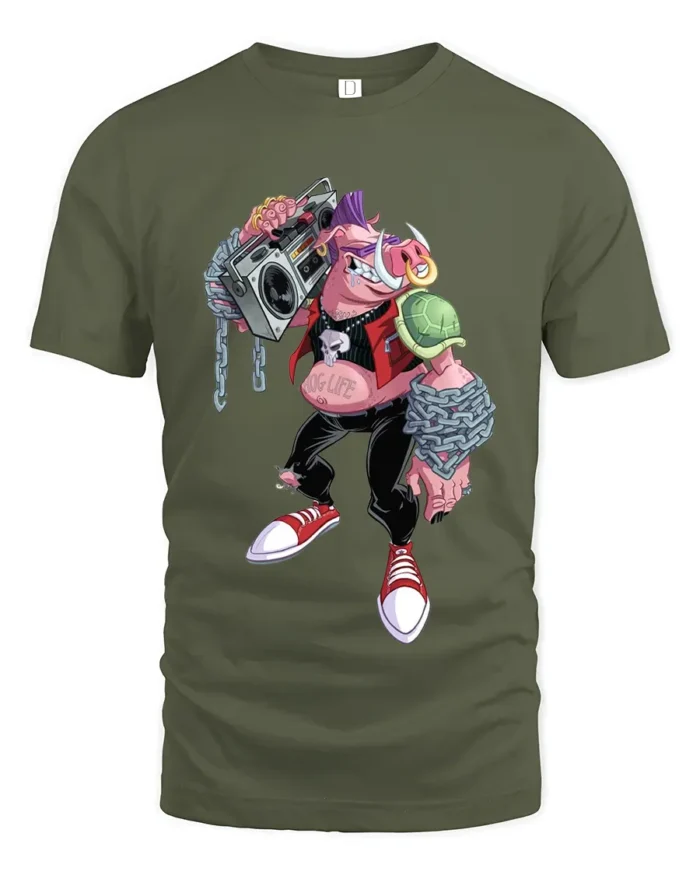Mutant Rocker T-Shirt - Cool Cartoon Pig Turtle Tee - military green t-shirt on white background