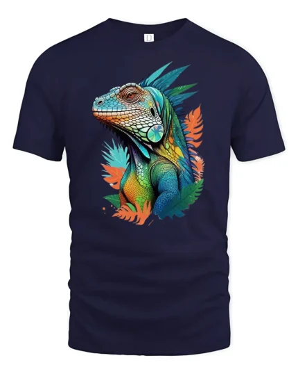 Jungle Reptile Art Tee, Unique Iguana Design T-Shirt - navy t-shirt on white background