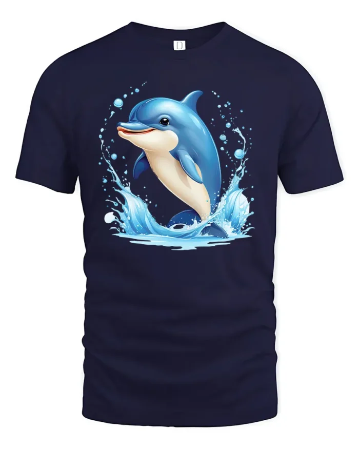 Happy Dolphin Splash Tee, Joyful Ocean T-Shirt for You - navy t-shirt on white background