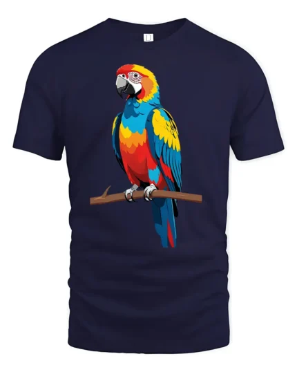 Exotic Parrot Art Tee, Unique Macaw Design T-Shirt - navy t-shirt on white background