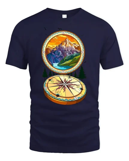 Wanderlust Compass T-Shirt, Soft Mountain Graphic Tee - navy t-shirt on white background