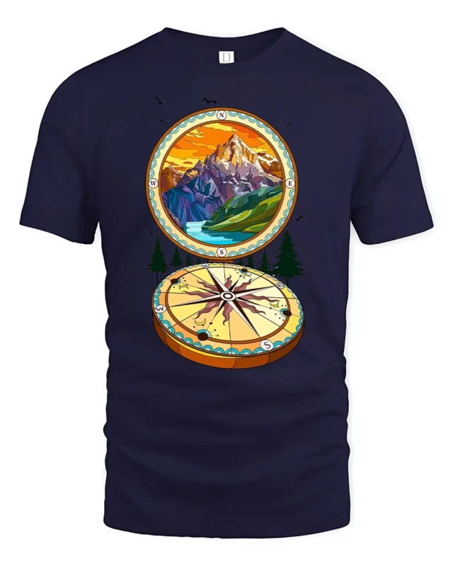 Wanderlust Compass T-Shirt, Soft Mountain Graphic Tee - navy t-shirt on white background