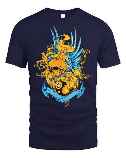 Lucky 8 Ball Skull Tee, Edgy Graphic T-Shirt Gift - navy t-shirt on white background