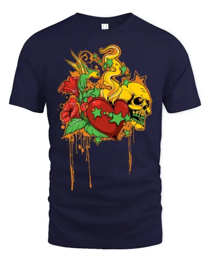 Melting Heart Skull T-Shirt, Cool Graphic Tee Now - navy t-shirt on white background