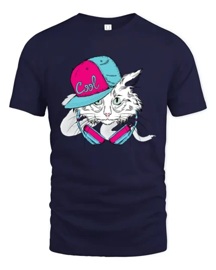 Cool Cat Vibes Tee, Hip Hop Kitten Graphic T-Shirt - navy t-shirt on white background