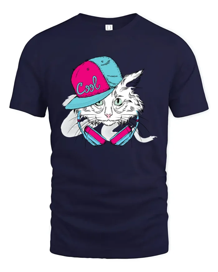 Cool Cat Vibes Tee, Hip Hop Kitten Graphic T-Shirt - navy t-shirt on white background
