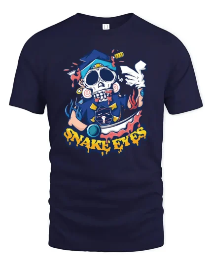 Snake Eyes Skull Tee, Edgy Graphic T-Shirt Design Now - navy t-shirt on white background