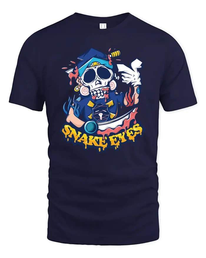 Snake Eyes Skull Tee, Edgy Graphic T-Shirt Design Now - navy t-shirt on white background