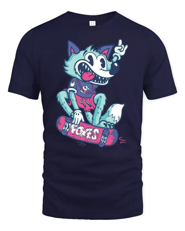 Skateboarding Fox Tee, Cool Cartoon Animal T-Shirt - navy t-shirt on white background