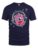 Fuzzy Beats Graphic Tee, Monster Listening Music Tshirt - navy t-shirt on white background