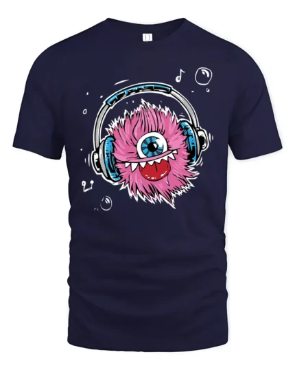 Fuzzy Beats Graphic Tee, Monster Listening Music Tshirt - navy t-shirt on white background