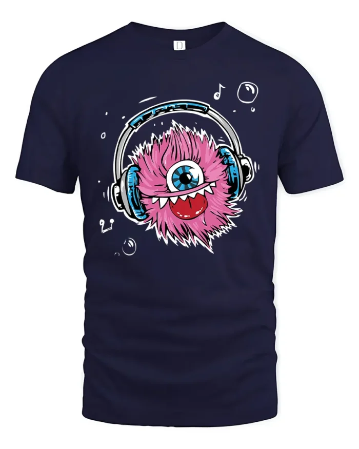 Fuzzy Beats Graphic Tee, Monster Listening Music Tshirt - navy t-shirt on white background